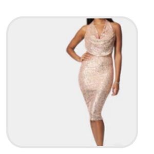 Bebe Sequin Cowl Dress - Hazelnut/ Silver